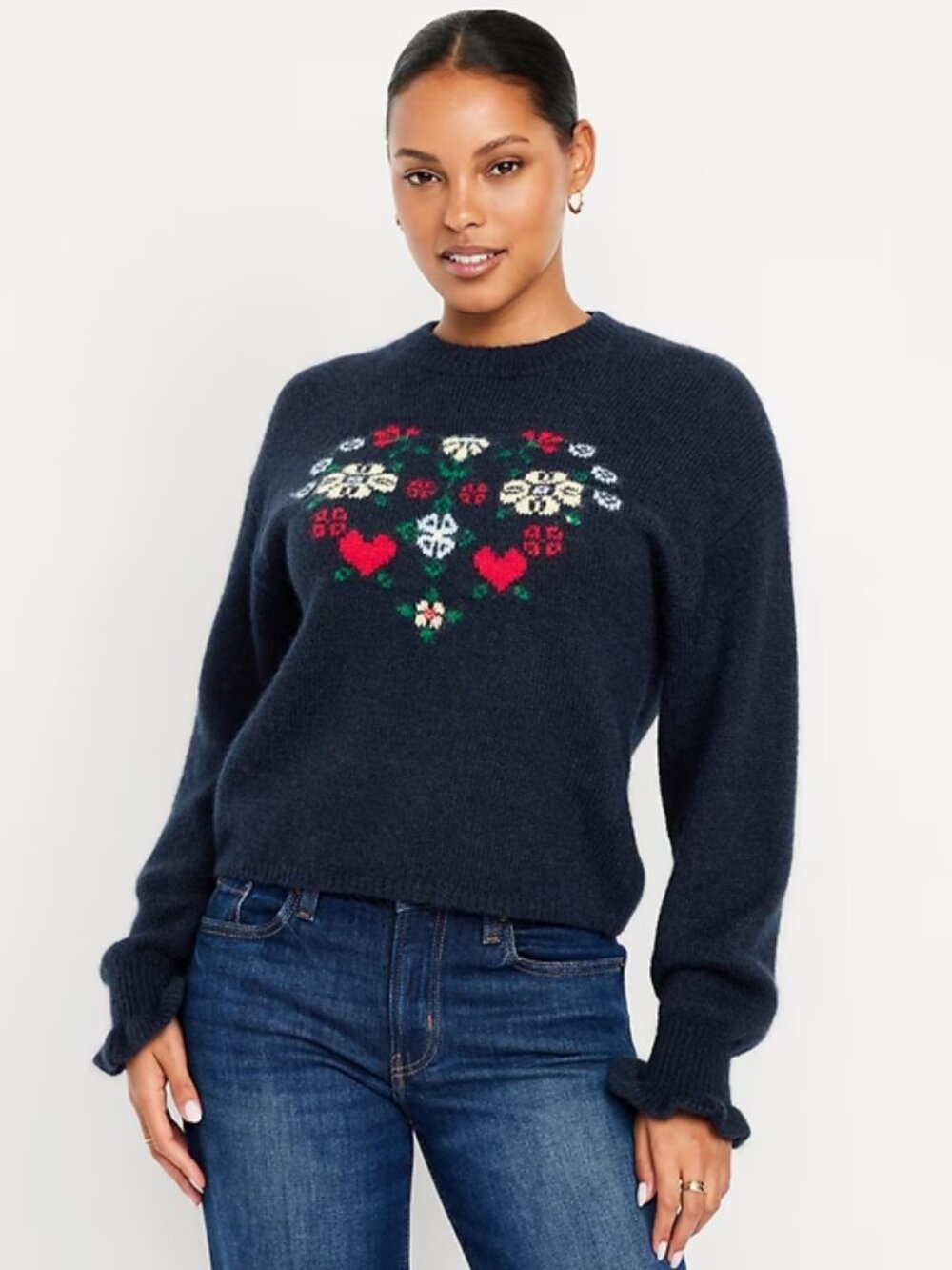 NWT LOOSE Cropped,  CREW NECK wool-blend graphic copped sweater